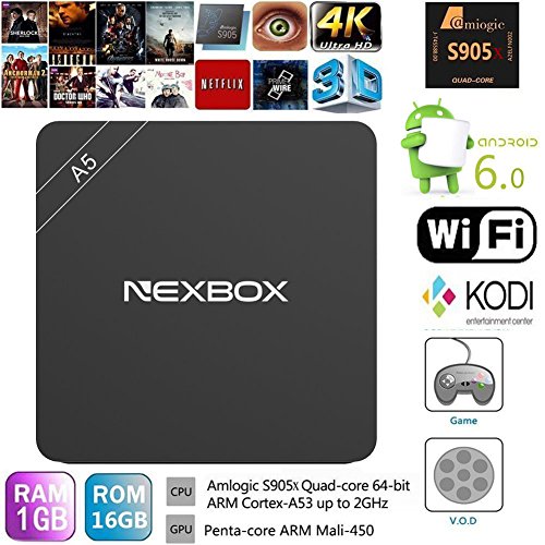 HONGYU® NEXBOX A5 Android 6.0 TV BOX HD KODI 16.1 Fully Loaded XBMC Amlogic S905X Quad Core 64bit 1GB / 16GB Wifi Ethernet LAN 4k 1080P Streaming Media Player IPTV,OTT TV,EMMC