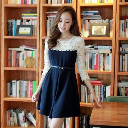 フェミニン レース切替 ひざ丈Aラインワンピース 紺 M L LL