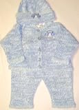 Knitted on Hand Knitting Machine Trimmed By Hand Crochet Infant Boys Outfit Made of Blue Chenille Denim Cotton Tweed Cardigan, Pant Hat Set Trimmed with Blue Car Patch