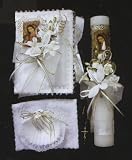 Baptism Gift Set - SPANISH - White - Rosary - Candle - Hanky - Shell