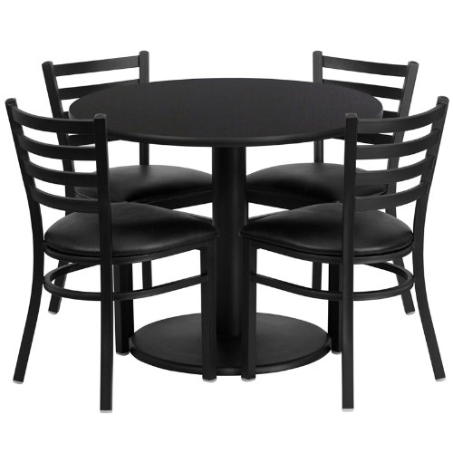 Flash Furniture 36'' Round Black Laminate Table Set with 4 Ladder Back Metal Chairs - Black Vinyl Seat On Sale