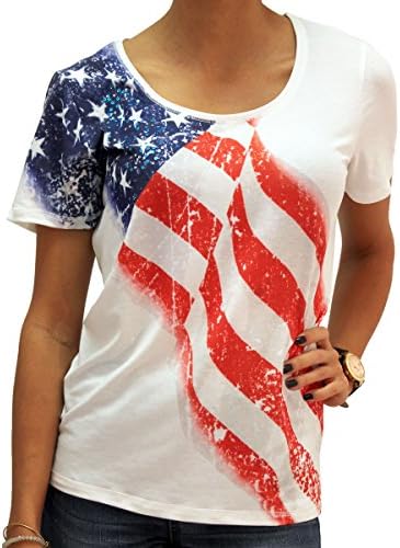 Scoop Neck White American Flag T-shirt with Sequins (XL)