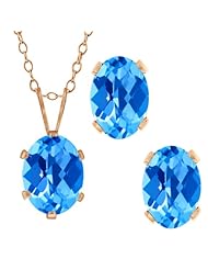3.50 Ct Checkerboard Swiss Blue Topaz Gold Plated Silver Pendant Earrings Set