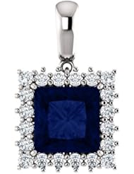 14K White Gold 8.00x8.00mm Princess Cut Chatham Created Sapphire and Diamond Pendant -- LIFETIME WARRANTY