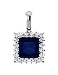 10K White Gold 8.00x8.00mm Princess Cut Chatham Created Sapphire and Diamond Pendant -- LIFETIME WARRANTY