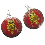 Red Yellow Owl Design Gold Tone Dangle Earring Jewelry