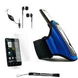Blue Neoprene Adjustable Velcro Sportband / Workout Armband for T Mobile HTC EVO Mobile Phone + Includes Crystal Clear High Quality HD Noise Filter Ear buds with Microphone + a Anti Glare Screen Protector.