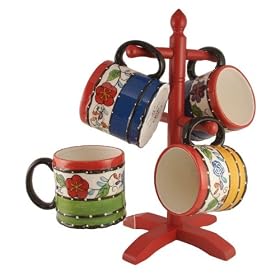 4PC MUG SET W WOOD RACK,CUP,COFFEE MUGSTUTTI FRUTTI DECOR by ACK