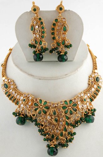 Faux Emerald Floral Necklace Set - Copper Alloy with Cut Glass