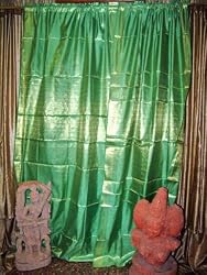 2 Green Gold Brocade Silk India Sari Saree Curtains Drapes Window Treatment 96
