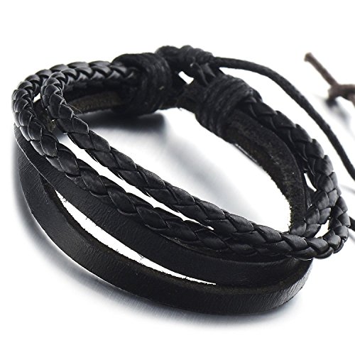 Hand-made multi-strand black braided leather bracelet f…