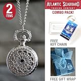 Spider Web Antique Filigree Design Silvertone Finish Pocket Watch Necklace Chain Jewelry with The Official Atlantic Seaboard Trading Co. Luggage Tag Key Chain -- COMBO PACK