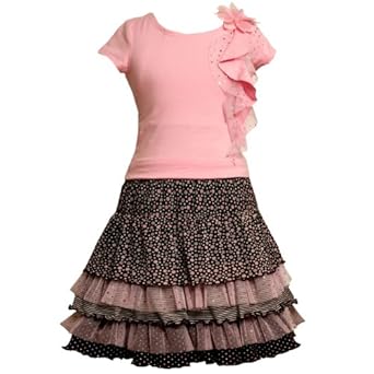Bonnie Jean TWEEN GIRLS 7-16 2-Piece PINK BROWN SIDE CASCADE MULTI TIERED MIX-PRINT Special Occasion Flower Girl Easter Party Dress/Skirt Set