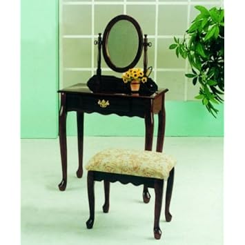 Roundhill Queen Anne Style Wood Makeup Vanity with Mirror and Bench, Cherry Finish