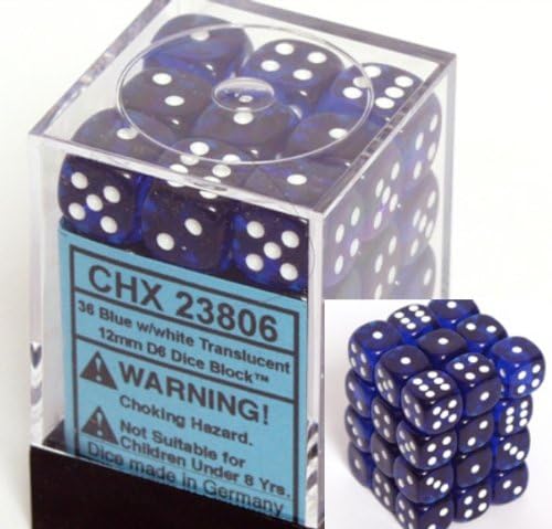 Chessex Dice d6 Sets: Blue with White Translucent - 12mm Six Sided Die (36) Block of Dice