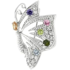 White Gold Bonded 37mm Butterfly Shaped Brooch with Oval Cut Champagne CZ and... by
