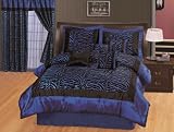 NEW 7PC FAUX SILK FLOCKING BLUE BLACK ZEBRA PRINT QUEEN SIZE COMFORTER SET
