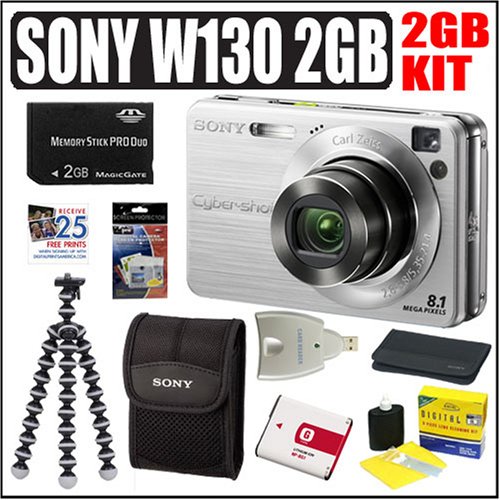 Sony Cybershot DSCW130 8.1 MP Silver Digital Camera Plus 2 GB Deluxe Accessory Kit
