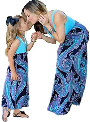 Family Clothes Outfits Mommy and Me Chevron Maxi Part Dress Beach Sundress (Daughter 1-2T/XS, Blue Printing)