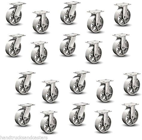 Set of 4 Plate Casters with Cast Iron 8" Spoked Wheels 2 Rigid and 2 Swivel