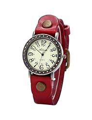 Ailisha Red Genuine Leather Copper Case Analog Ladies Dress Bracelet Wrist Quartz Watch WAA428