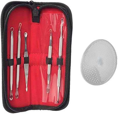 5 Piece Set Stainless Steel Blackhead Remover Extractor Tools Kit with Black Travel Case and Bundled With Silicone Facial Scrub.