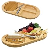 Picnic Time Fontina Oval Serving Tray w/ 2 Moats, Cheese Knife, & Removable Cutting Board (Natural Wood)