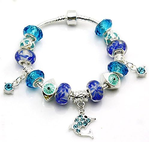 Fun Charm Jewelry Silver Plated Snake Chain Blue Eyes Glass Beads Dolphins Pendant Fit Pandora Bracelet 20CM