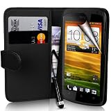 Supergets® HTC One S Wallet PU Leather Case Covers, Screen Protector, Touch Screen Stylus + Polishing Cloth - Black