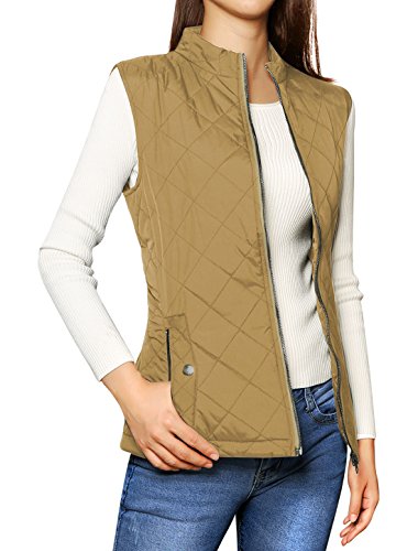 Allegra K Woman Zip Up Front Stand Collar Quilted Padded Vest Khaki XL
