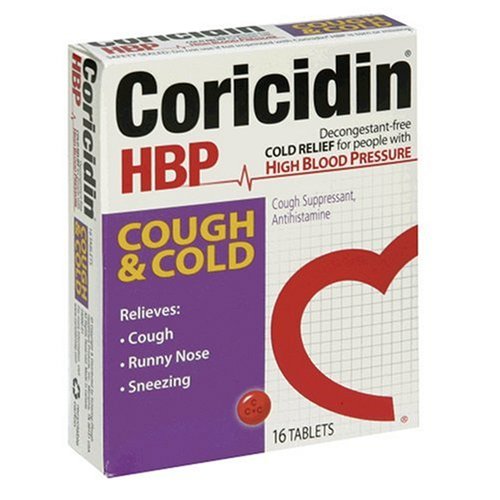 Coricidin HBP Antihistamine Cough & Cold Suppressant Tablets for People with High Blood Pressure, 16-Count Boxes (Pack of 3)