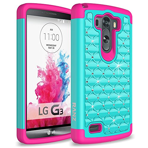 LG G3 Case, RANZ® Hot Pink/Teal Spot Diamond Studded Bling Crystal Rhinestone Dual Layer Hybrid Cover Silicone Rubber Skin Hard Case For LG G3
