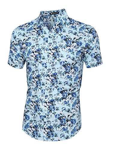 Allegra K Men Short Sleeve Single Breasted Floral Prints Shirts Light Blue L