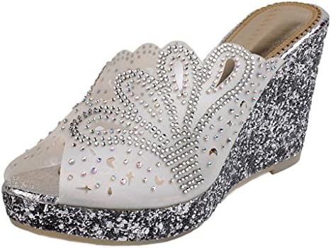 Littleboutique Women Girls Peep Toe Sandal Wedge Crystal Beaded Slide Platform Sandal Shoes white 6