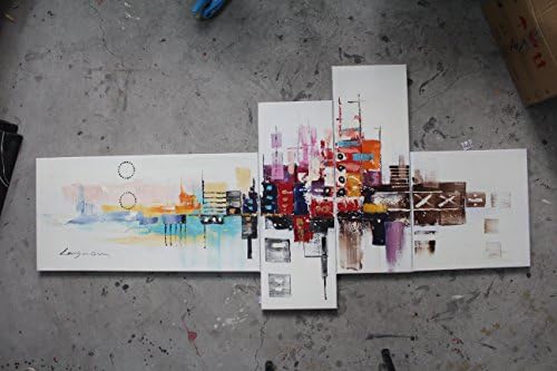 TJie Art Hand Painted Mordern Oil Paintings Wall Decor Abstract City Clouds Home Landscape Oil Paintings Splice 4-piece/set on Canvas