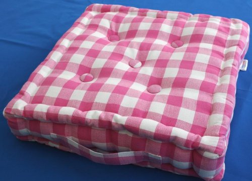 Pink & White Check Floor Cushion - 100% Cotton - 40 x 40 x 10 cm Square - Indoor - Garden - Dining chair booster Seat Cushion Pad