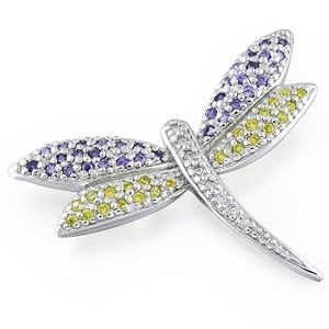 Dragonfly Pin Sterling Silver Pave Amethyst and Citrine Cubic Zirconia by