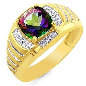 10K Yellow Gold Diamond with Mystic Topaz Men's Ring - size 10.5