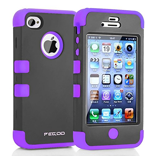 iPhone 4S Case, iPhone 4 Case, Hybrid Hard Heavy Duty Three Layer Hard and Soft Skin Shockprooof Armor Case Cover for Apple iPhone 4 4S (Purple)