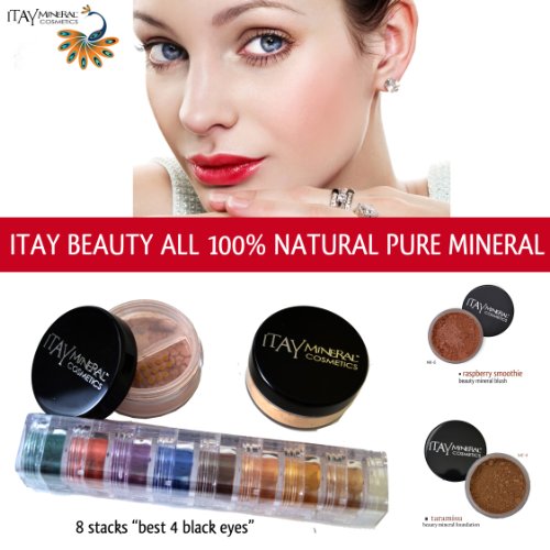 Itay Beauty Mineral Cosmetics Eye Shadow Shimmer 8 Stack: Best 4 Black Eyes + Mineral Foundation Color: Mf-9 Tiramisu + Mineral Blush Color: Mb-6 - Raspberry Smoothie