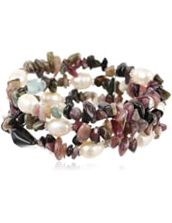 3-Row Multi-Colored Tourmaline, Aquamarine and White Freshwater Cultured Pearl Stretch Bracelet (8-8.5mm) with Sterling Silver Clasp, 6.5"