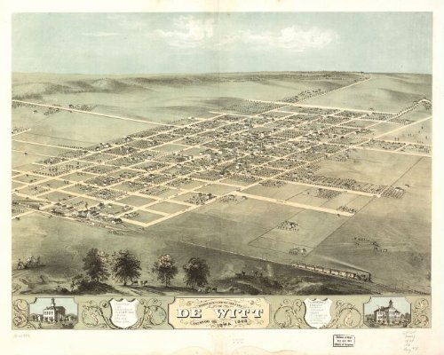 Birds eye view of the city of De Witt, Clinton Co., Iowa 1868., large historic panoramic map reprint 45x36