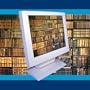 Book Shelves on Computer Screen Symbolizing E-Book Information Databases Photographic Poster Print