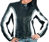 Ladies Black Leather Motorcycle Jacket w/ Silver & White Accents [Medium]