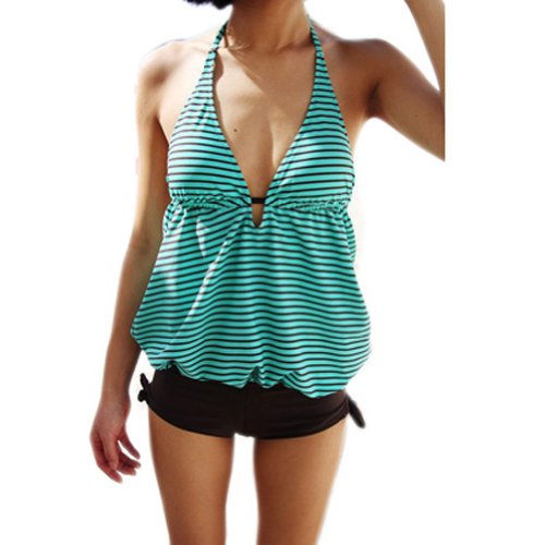 Urparcel Womens Striped Bikini Swimwear Backless One Piece Tankinis Swimsuit
