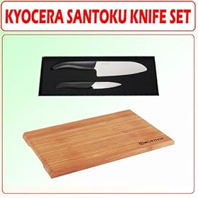 Kyocera Revolution Series 2-Piece Paring and Santoku Knife Set, White w/ Bamboo Cutting Board