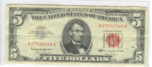 FIVE DOLLAR BILL-RED SEAL-1963-UNITED STATES NOTE