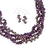 Amethyst and Cultured Freshwater Pearl Sterling Silver Necklace and Earring Set