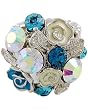 Silvertone Blue Rhinestone and Cream Acrylic Flower Stretch Fashion Ring