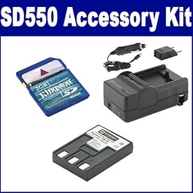 Canon Powershot SD550 Digital Camera Accessory Kit includes: SDM-119 Charger, CCNB3L Battery, KSD2GB Memory Card